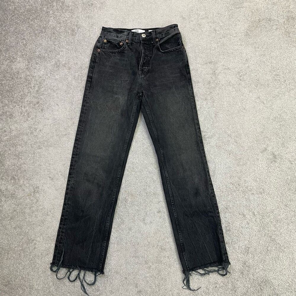Re/Done Originals Womens Straight Leg Button Fly Raw Hem Crop Jeans Black Size 2